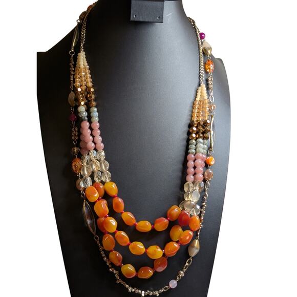 Two Coordinating Loft Beaded Orange Pink Yellow Gold Tone Beaded Long Necklaces - Picture 1 of 12